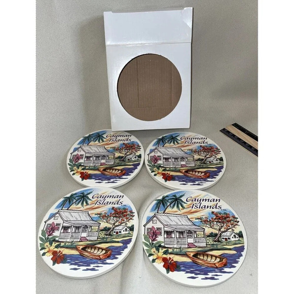 Cayman Islands Ceramic Round Coasters Set Of 4 House‎ Church Water Scene NEW 4” - Picture 1 of 4